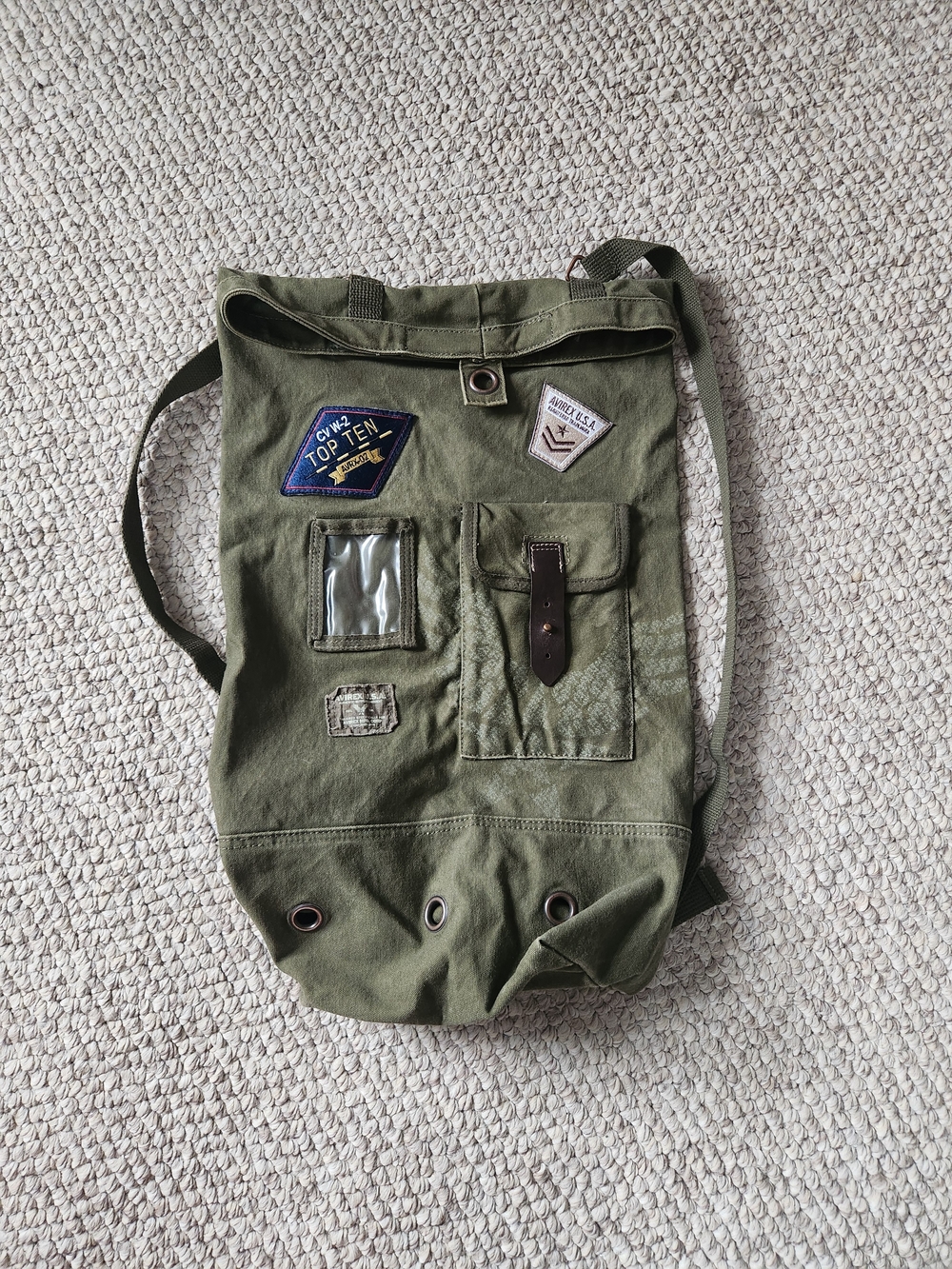 Avirex Y2K Olive Green Canvas Roll-Top Backpack with Patch Details